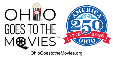 The logo for Ohio Goes to the Movies consists of the phrase Ohio Goes to the Movies with a bag of popcorn standing in for the I in Ohio and a film reel standing in for the O in Movies. A logo reading America 250 is beside it. 