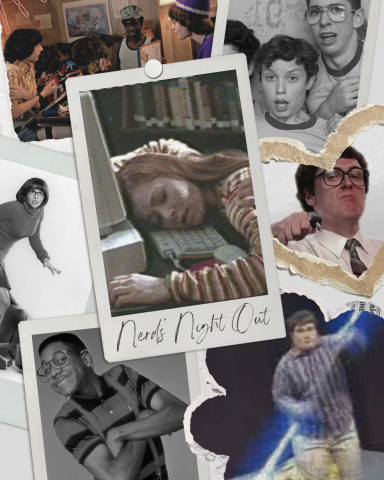 A collage of iconic nerds from pop culture, including the kids from Stranger Things, the geeks from Freaks & Geeks, Velma from Scooby Doo, Willow from Buffy, Weird Al from "White 'n' Nerdy," Urkel, and Star Wars Kid