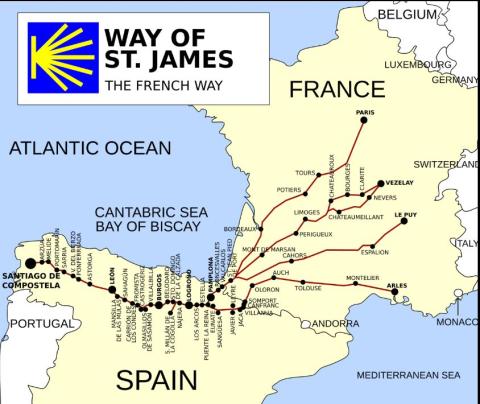 Map of pilgrimage routes to Santiago de Compostela.