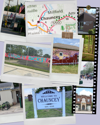 Several photos of Chauncey, Ohio tacked up on a light purple background