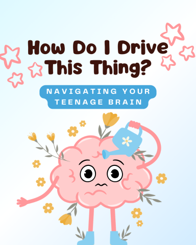 The event title appears above a worried cartoon brain watering themself with a blue watering can. Flowers are growing from the brain.