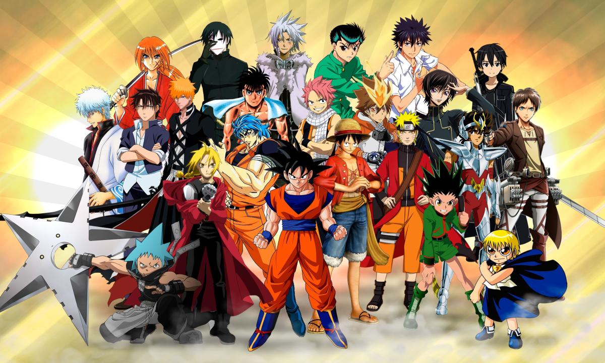 Two dozen anime characters pose in front of a yellow background.