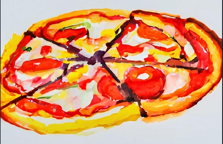 A watercolor painting of a pizza in five triangular slices