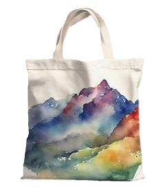 An image of a canvas tote bag decorated with painted mountains.