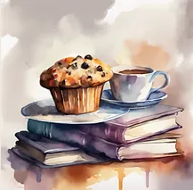 Water color image of muffin, coffee, and books.