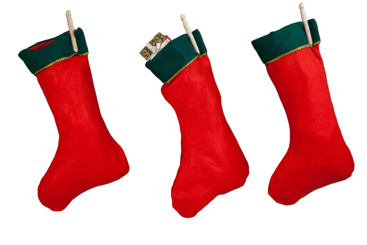 Three red stockings with green trim hang side by side over a blank background