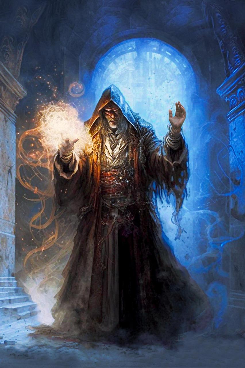A cloaked wizard with a gray beard holds an orb of fire in front of a glowing blue doorway