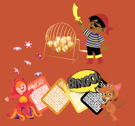 Cartoon of children dressed as a pirate, an octopus, and a werewolf playing Bingo