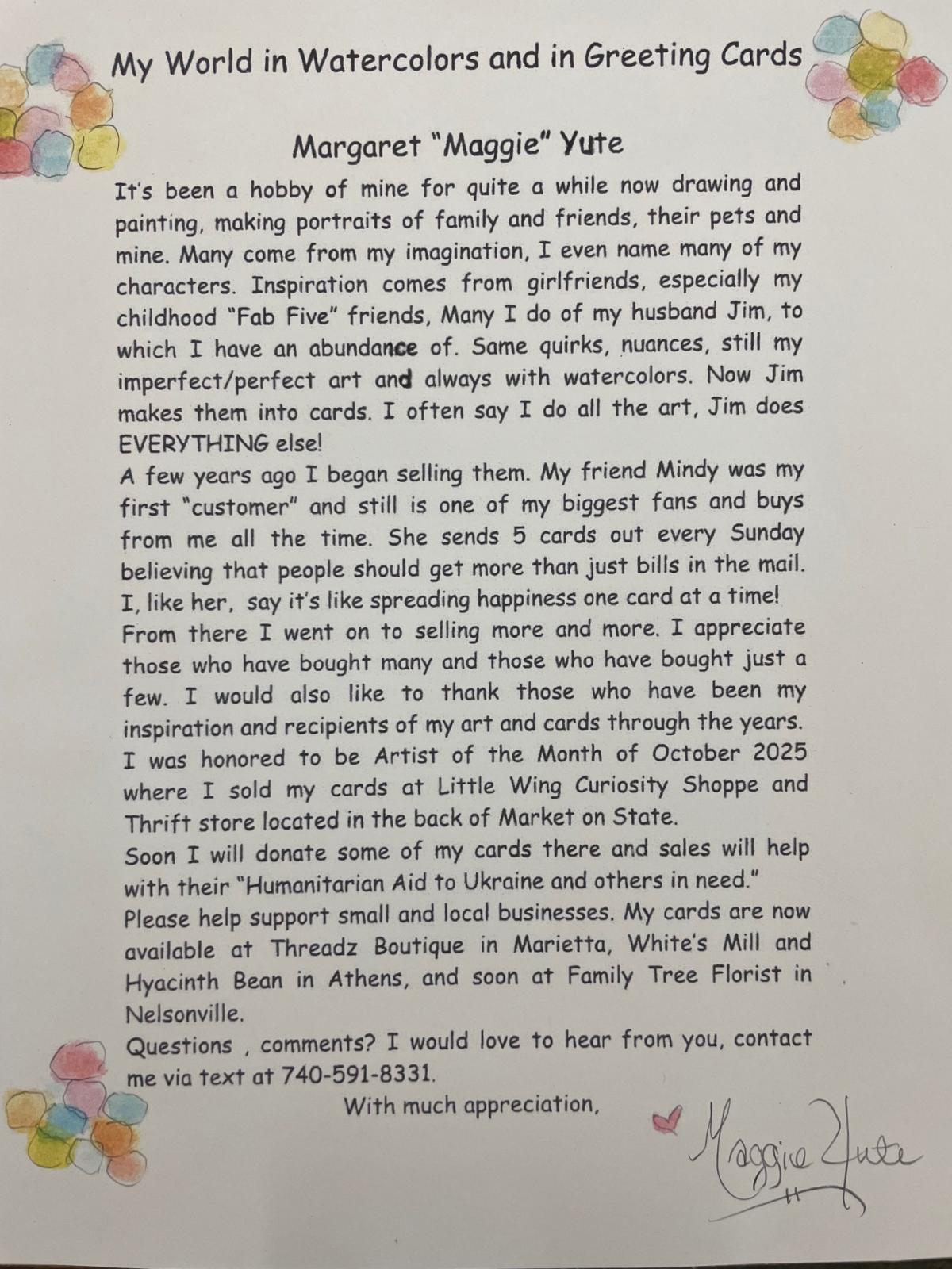 An artist statement printed on a greeting card from Maggie Yute