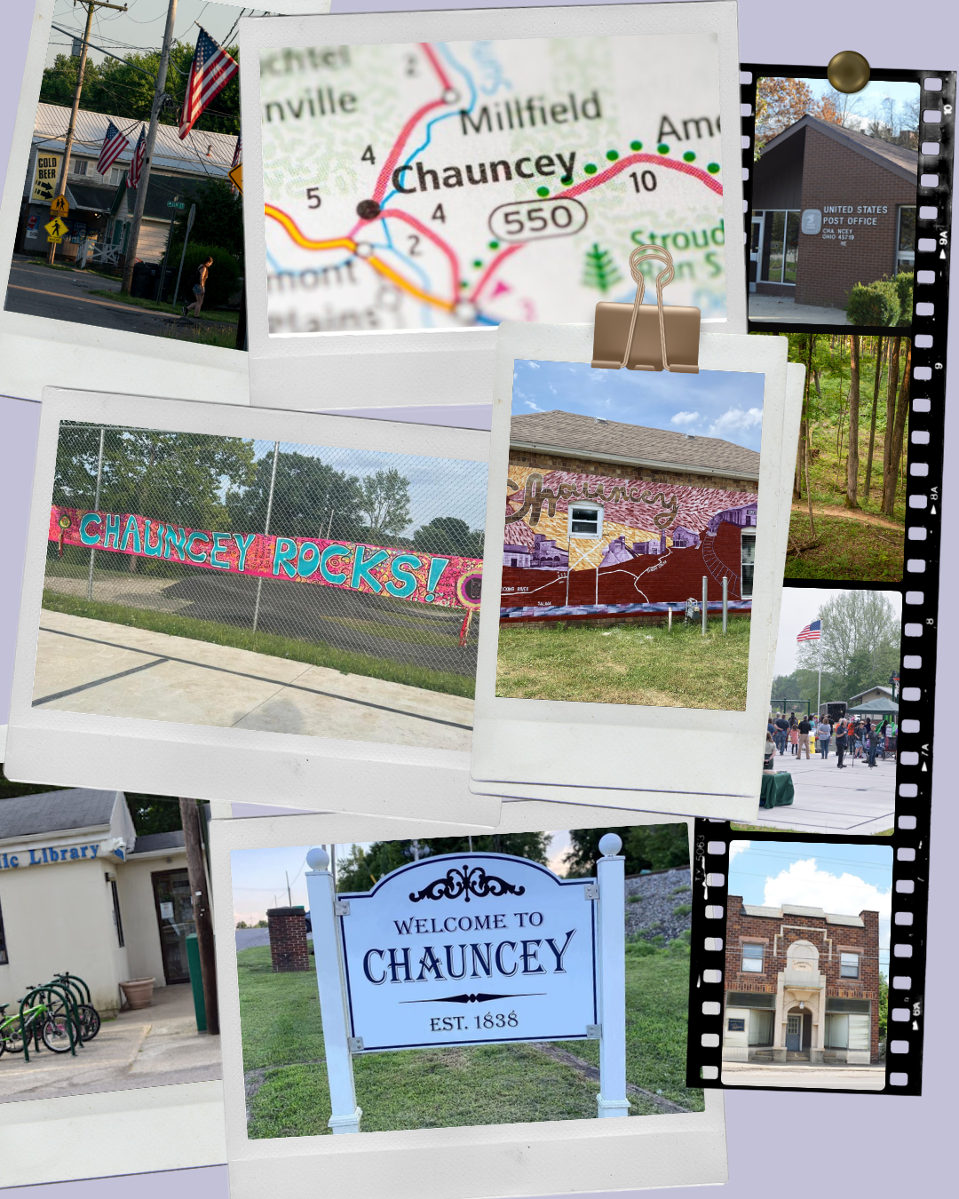 Several photos of Chauncey, Ohio tacked up on a light purple background